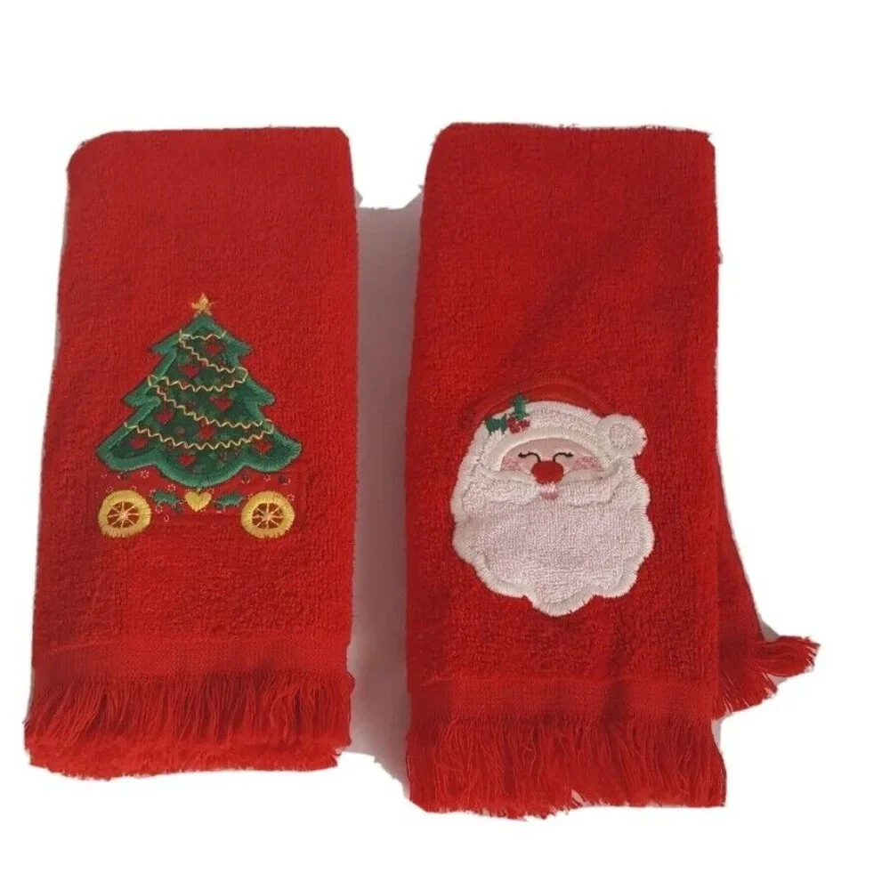 3 Vtg Red Finger Tip Hand Towels Christmas MCM Holiday Santa Tree Joy